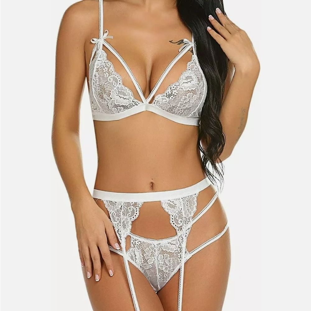 Women Sexy Lingerie Set Lace Teddy Strap Babydoll Bodysuit with Garter Belts - Picture 4 of 5